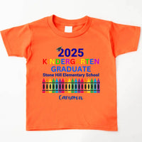 May include colorful text that reads “2025 KINDERGARTEN GRADUATE Stone Hill Elementary School” with a graduation cap over the number “2.” The word "KINDERGARTEN" is in rainbow colors, and the image features a row of multicolored crayons, celebrating a young student’s graduation.
