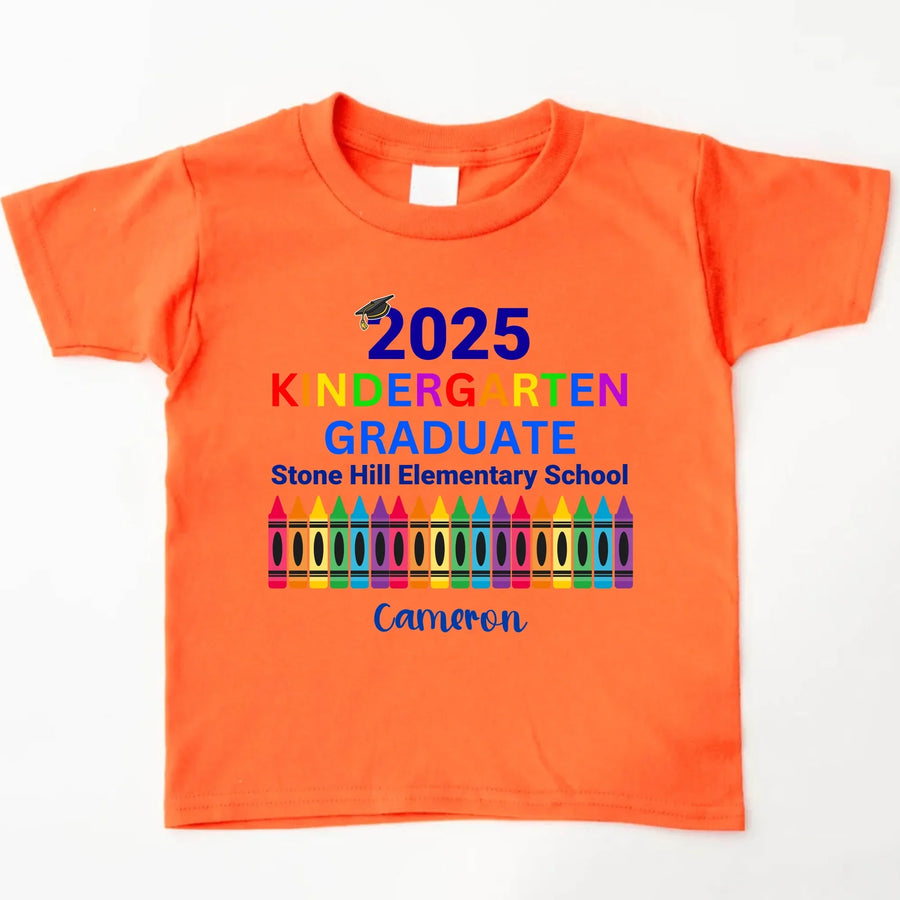 May include colorful text that reads “2025 KINDERGARTEN GRADUATE Stone Hill Elementary School” with a graduation cap over the number “2.” The word "KINDERGARTEN" is in rainbow colors, and the image features a row of multicolored crayons, celebrating a young student’s graduation.