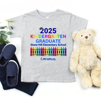 May include colorful text that reads “2025 KINDERGARTEN GRADUATE Stone Hill Elementary School” with a graduation cap over the number “2.” The word "KINDERGARTEN" is in rainbow colors, and the image features a row of multicolored crayons, celebrating a young student’s graduation.