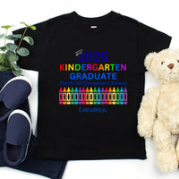 May include colorful text that reads “2025 KINDERGARTEN GRADUATE Stone Hill Elementary School” with a graduation cap over the number “2.” The word "KINDERGARTEN" is in rainbow colors, and the image features a row of multicolored crayons, celebrating a young student’s graduation.
