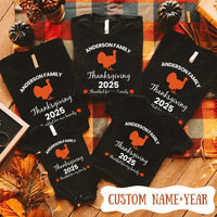 Black t-shirts with 'Anderson Family Thanksgiving 2025' design on a checkered tablecloth.