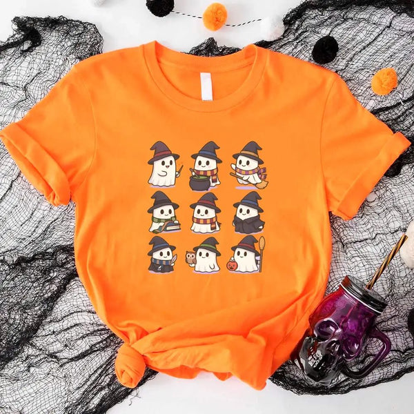 May include a Halloween t-shirt featuring kawaii-style witch ghosts in a spooky-cute design, perfect for fall and Halloween wear.