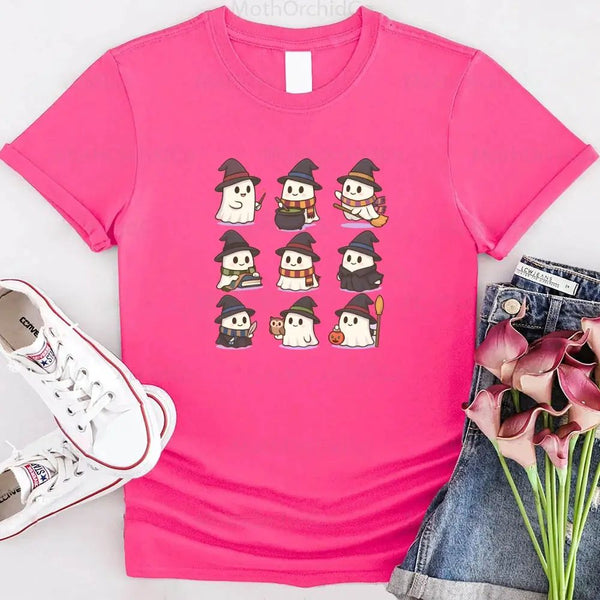 May include a Halloween t-shirt featuring kawaii-style witch ghosts in a spooky-cute design, perfect for fall and Halloween wear.