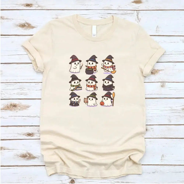 May include a Halloween t-shirt featuring kawaii-style witch ghosts in a spooky-cute design, perfect for fall and Halloween wear.