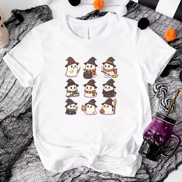 May include a Halloween t-shirt featuring kawaii-style witch ghosts in a spooky-cute design, perfect for fall and Halloween wear.