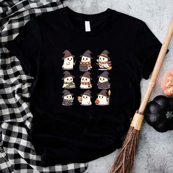 May include a Halloween t-shirt featuring kawaii-style witch ghosts in a spooky-cute design, perfect for fall and Halloween wear.