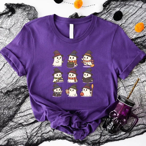 May include a Halloween t-shirt featuring kawaii-style witch ghosts in a spooky-cute design, perfect for fall and Halloween wear.