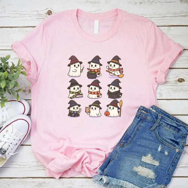 May include a Halloween t-shirt featuring kawaii-style witch ghosts in a spooky-cute design, perfect for fall and Halloween wear.
