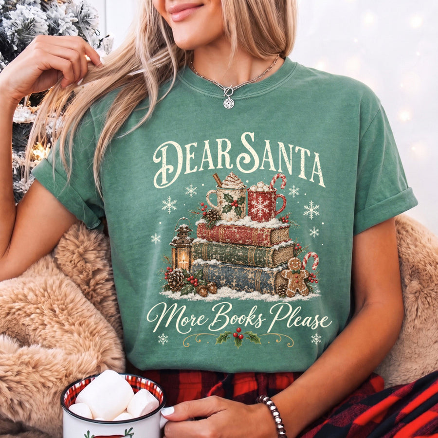 May include a Dear Santa More Books Please Book Lover Comfort Colors Tee featuring a festive Christmas and reading-inspired design.