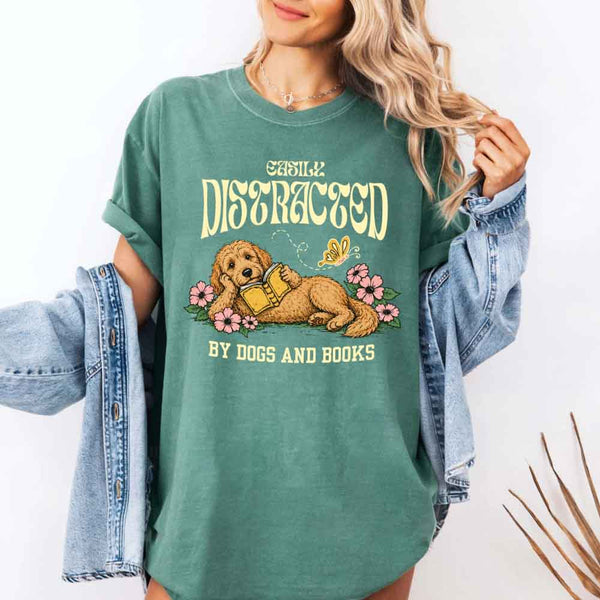 May include Dog & Book Lover Comfort Colors t-shirt with reader and dog graphic, relaxed unisex fit, and garment-dyed cotton