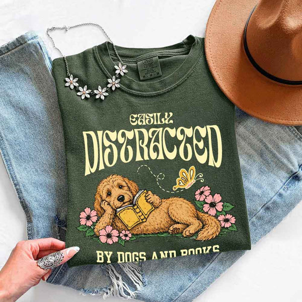May include Dog & Book Lover Comfort Colors t-shirt with reader and dog graphic, relaxed unisex fit, and garment-dyed cotton