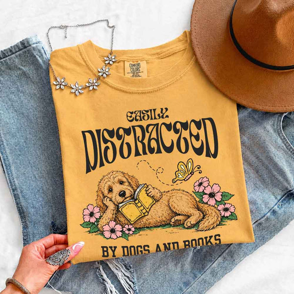 May include Dog & Book Lover Comfort Colors t-shirt with reader and dog graphic, relaxed unisex fit, and garment-dyed cotton