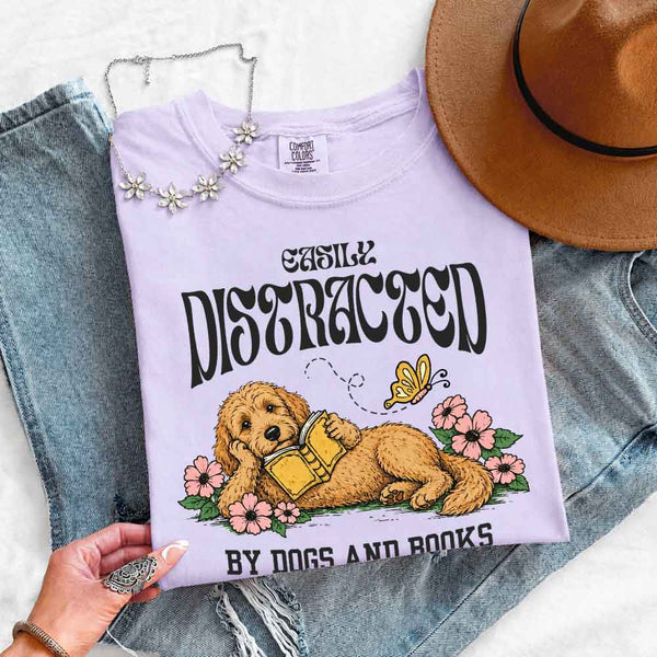 May include Dog & Book Lover Comfort Colors t-shirt with reader and dog graphic, relaxed unisex fit, and garment-dyed cotton