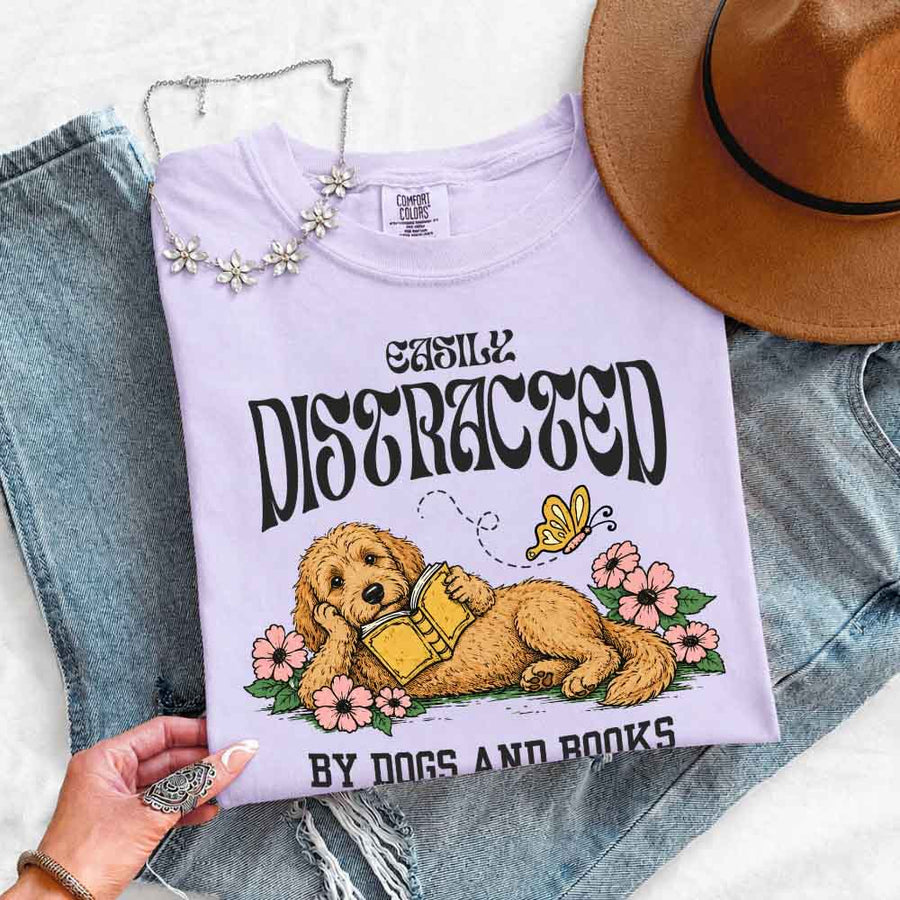 May include Dog & Book Lover Comfort Colors t-shirt with reader and dog graphic, relaxed unisex fit, and garment-dyed cotton