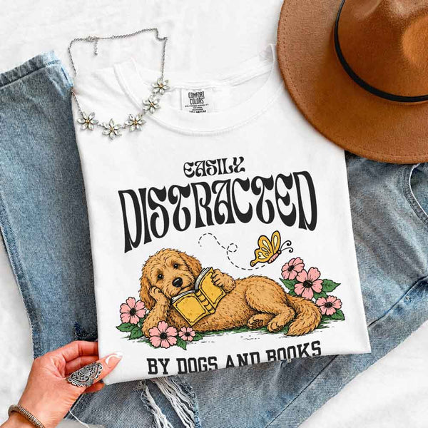 May include Dog & Book Lover Comfort Colors t-shirt with reader and dog graphic, relaxed unisex fit, and garment-dyed cotton