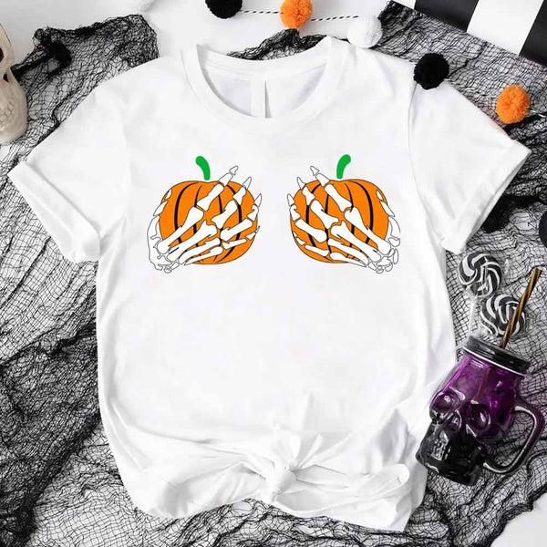 May include Halloween graphic with two pumpkins being grabbed by white skeleton hands on black background – spooky funny design.