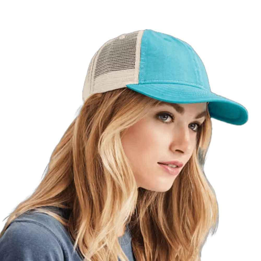 May include an embroidered pigment-dyed trucker hat with mesh back, featuring “Wifey” or “Hubby” text, designed as a casual and stylish gift for spouses or anniversaries.