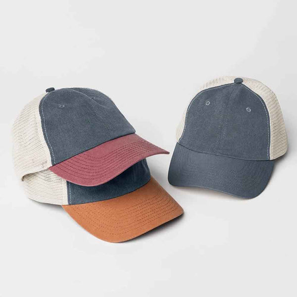 May include an embroidered pigment-dyed trucker hat with mesh back, featuring “Wifey” or “Hubby” text, designed as a casual and stylish gift for spouses or anniversaries.