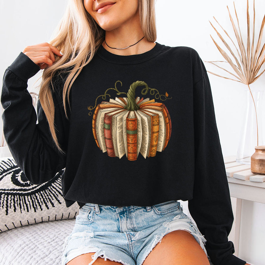 Fall Book Pumpkin Comfort Colors Long Sleeve | Cozy Reader Shirt