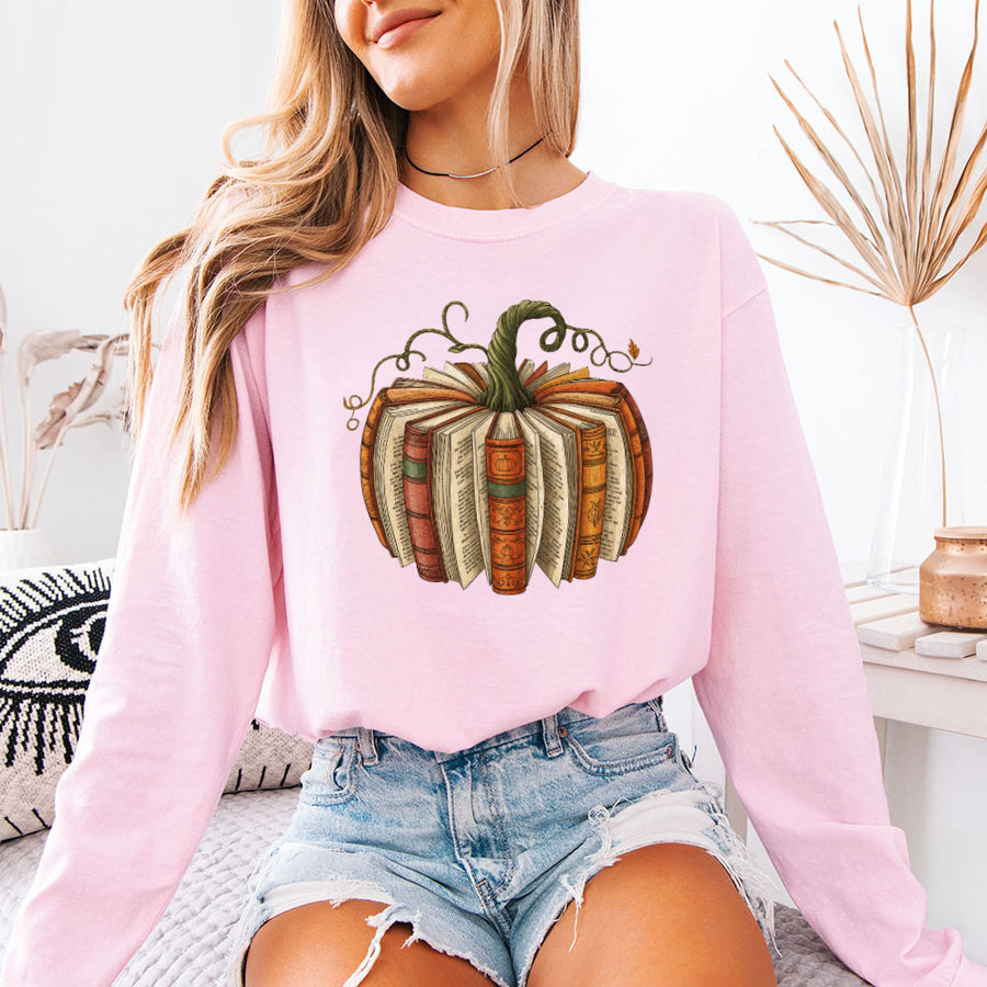 Fall Book Pumpkin Comfort Colors Long Sleeve | Cozy Reader Shirt