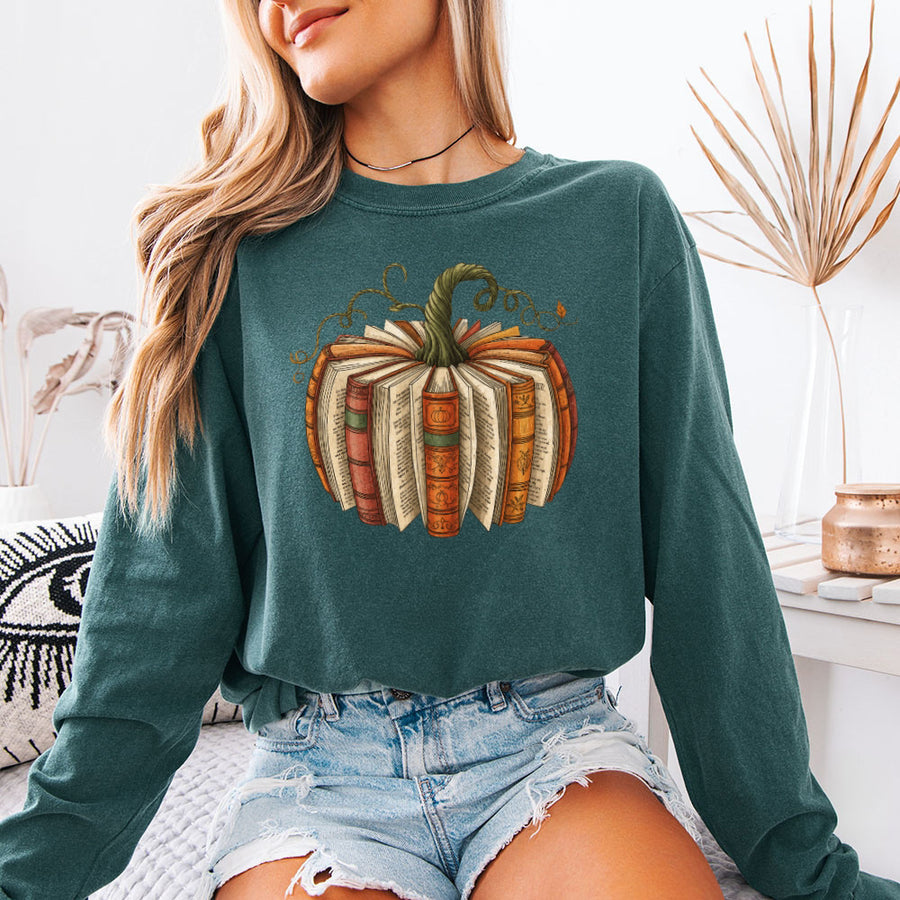 Fall Book Pumpkin Comfort Colors Long Sleeve | Cozy Reader Shirt