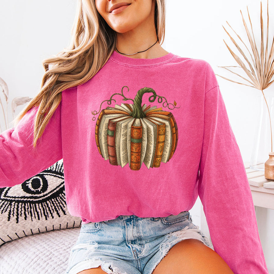 Fall Book Pumpkin Comfort Colors Long Sleeve | Cozy Reader Shirt