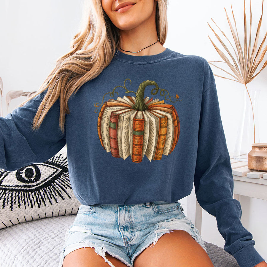 Fall Book Pumpkin Comfort Colors Long Sleeve | Cozy Reader Shirt