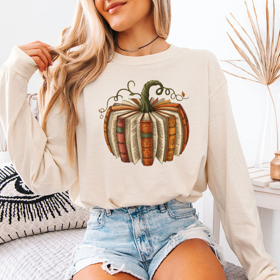 Fall Book Pumpkin Comfort Colors Long Sleeve | Cozy Reader Shirt
