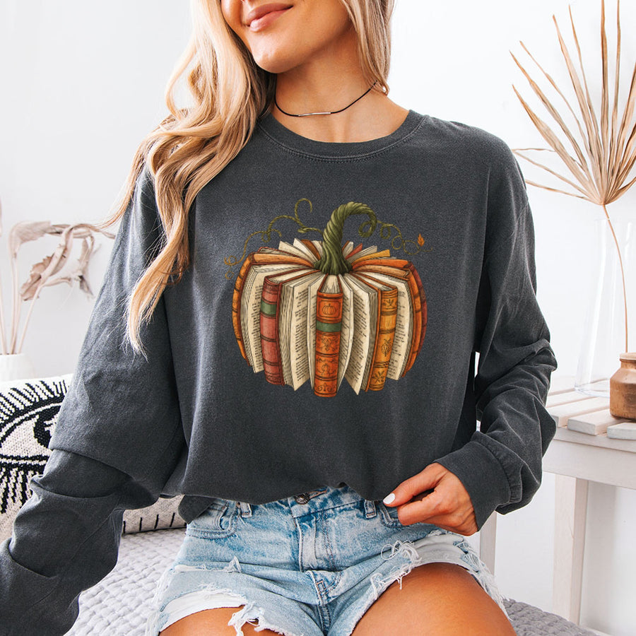 Fall Book Pumpkin Comfort Colors Long Sleeve | Cozy Reader Shirt