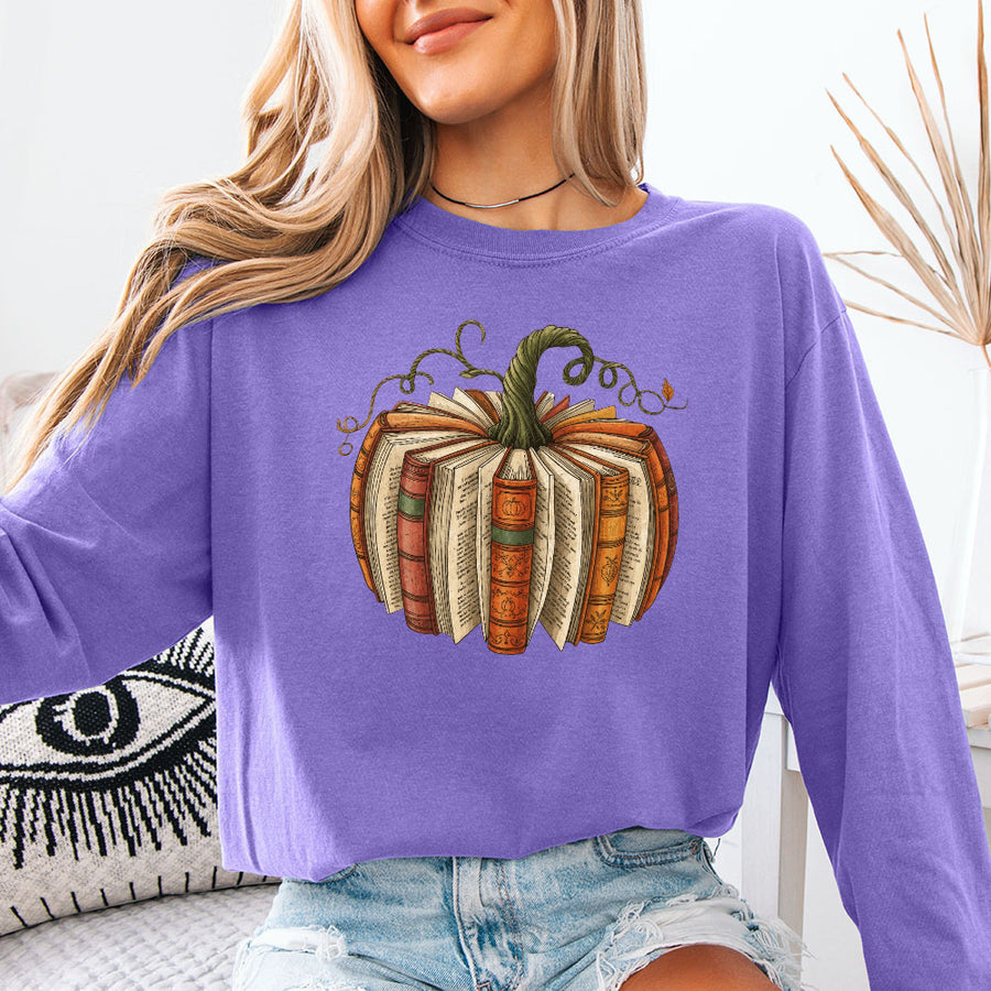 Fall Book Pumpkin Comfort Colors Long Sleeve | Cozy Reader Shirt