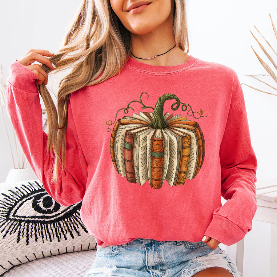 Fall Book Pumpkin Comfort Colors Long Sleeve | Cozy Reader Shirt