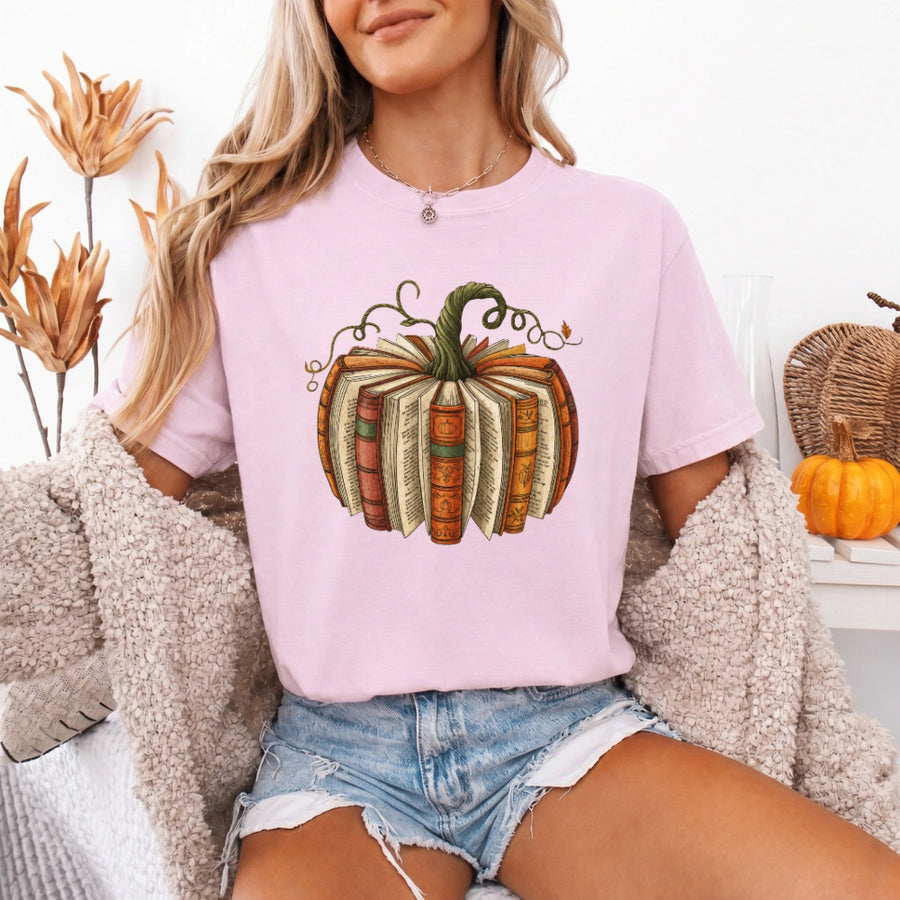 May include a Fall Book Pumpkin Comfort Colors T-Shirt featuring a book and pumpkin design, perfect for readers, book lovers, autumn outfits, and cozy fall gatherings.