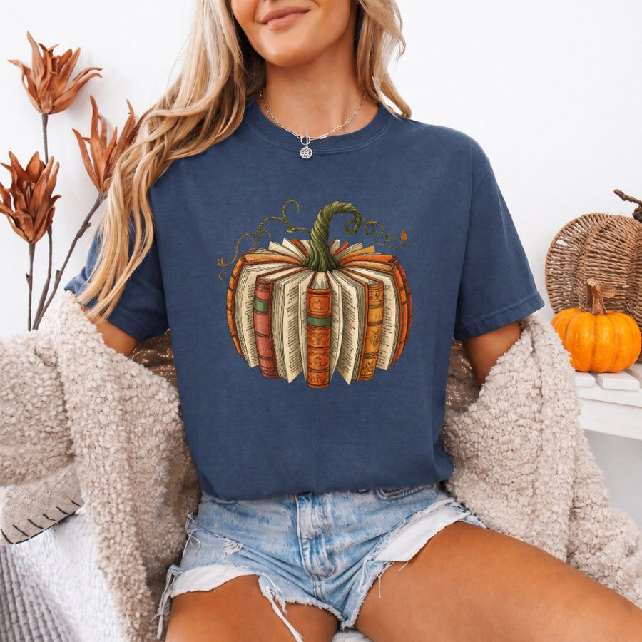 May include a Fall Book Pumpkin Comfort Colors T-Shirt featuring a book and pumpkin design, perfect for readers, book lovers, autumn outfits, and cozy fall gatherings.