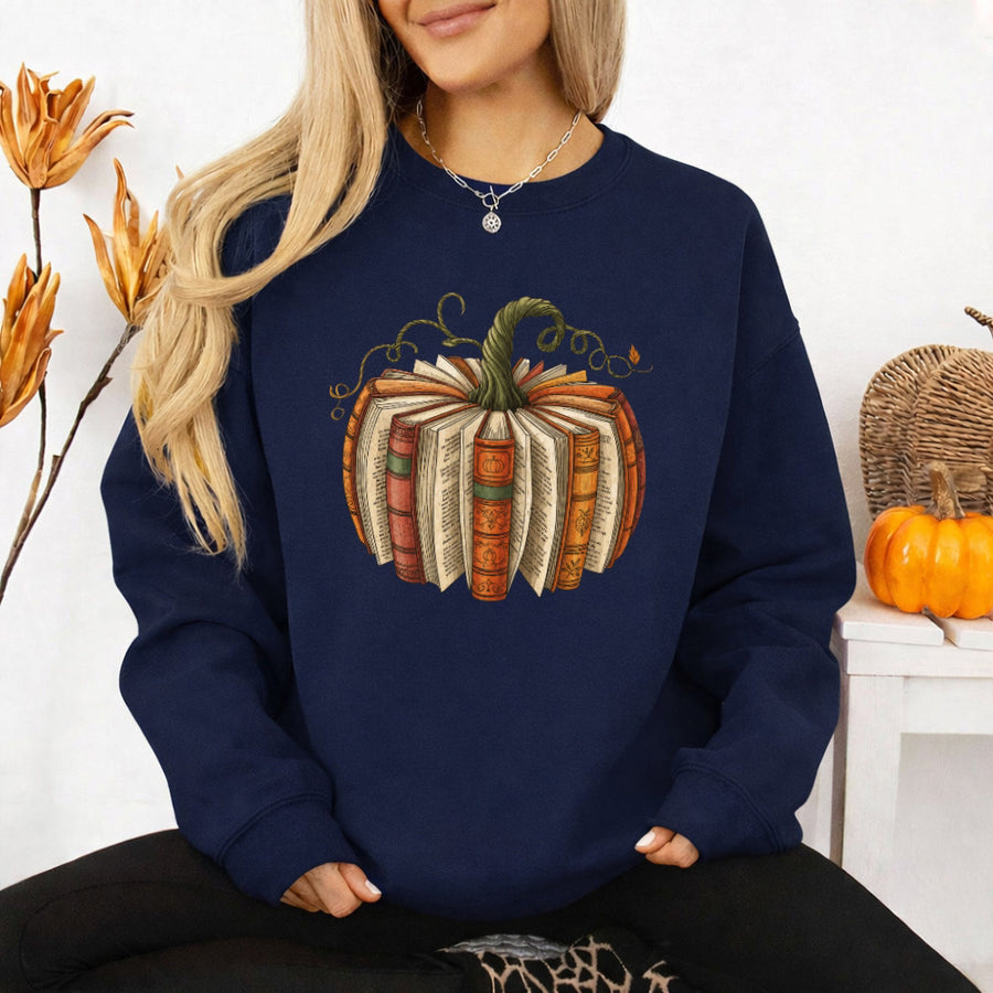 May include Fall Book Pumpkin sweatshirt with cozy book and pumpkin graphic, classic unisex crewneck, and soft fleece fabric