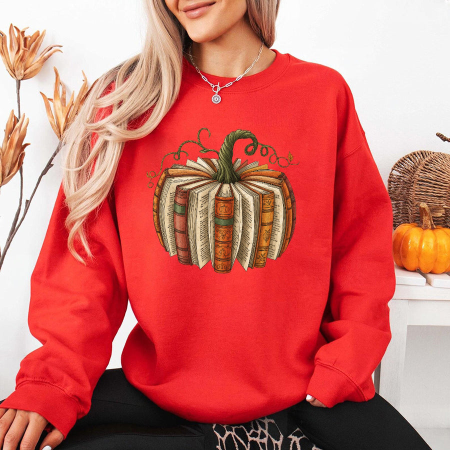 May include Fall Book Pumpkin sweatshirt with cozy book and pumpkin graphic, classic unisex crewneck, and soft fleece fabric