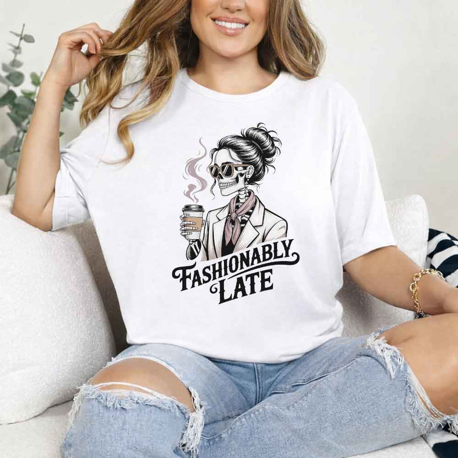 May include a unisex short sleeve T-shirt with “Fashionably Late” funny graphic text printed on the front.