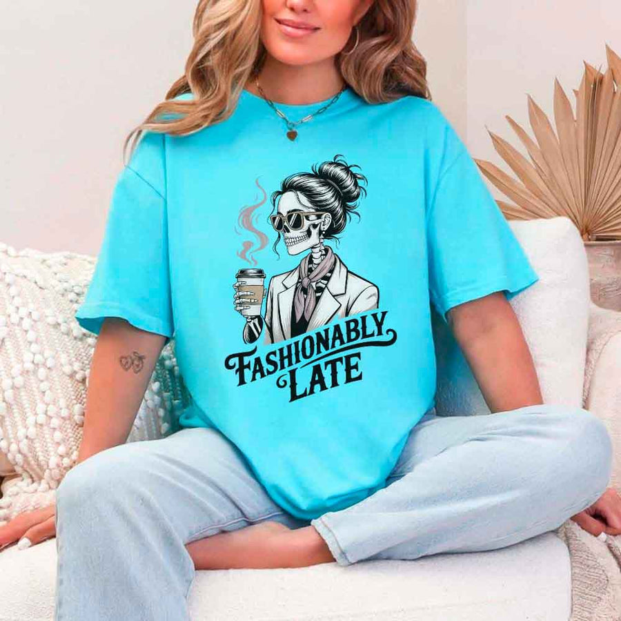 May include a unisex short sleeve T-shirt with “Fashionably Late” funny graphic text printed on the front.