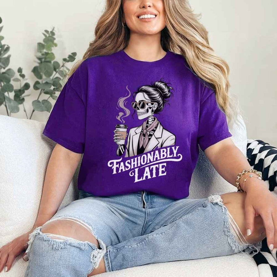 May include a unisex short sleeve T-shirt with “Fashionably Late” funny graphic text printed on the front.