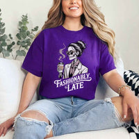 May include a unisex short sleeve T-shirt with “Fashionably Late” funny graphic text printed on the front.