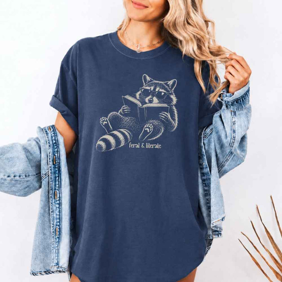 May include Feral & Literate Comfort Colors t-shirt with funny book lover graphic, relaxed unisex fit, and garment-dyed cotton