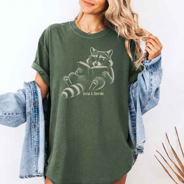 May include Feral & Literate Comfort Colors t-shirt with funny book lover graphic, relaxed unisex fit, and garment-dyed cotton