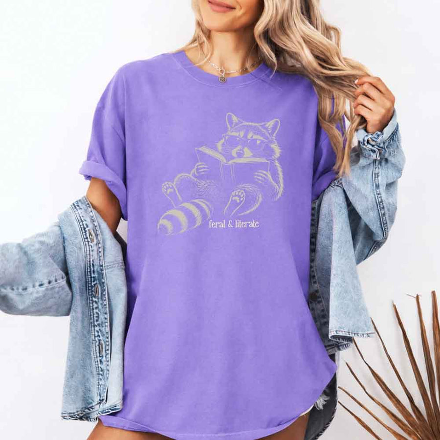 May include Feral & Literate Comfort Colors t-shirt with funny book lover graphic, relaxed unisex fit, and garment-dyed cotton