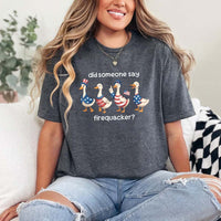May include a unisex T-shirt with “Firequacker Goose” patriotic 4th of July graphic featuring a funny goose design.
