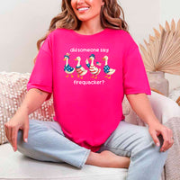 May include a unisex T-shirt with “Firequacker Goose” patriotic 4th of July graphic featuring a funny goose design.