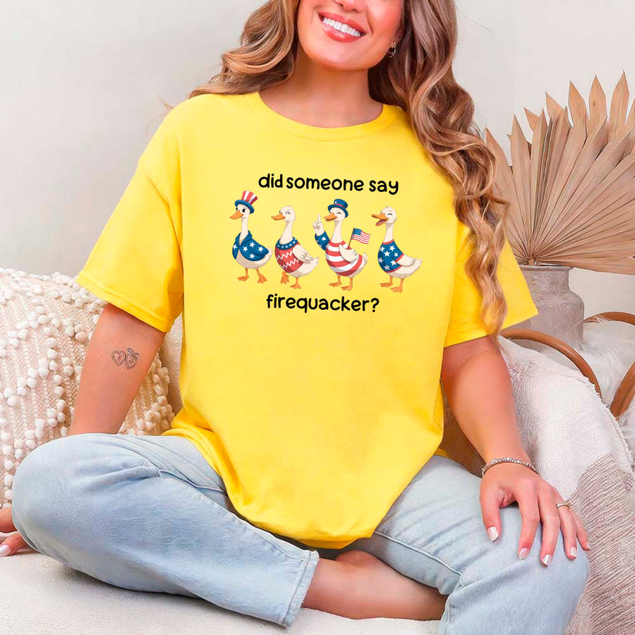 May include a unisex T-shirt with “Firequacker Goose” patriotic 4th of July graphic featuring a funny goose design.