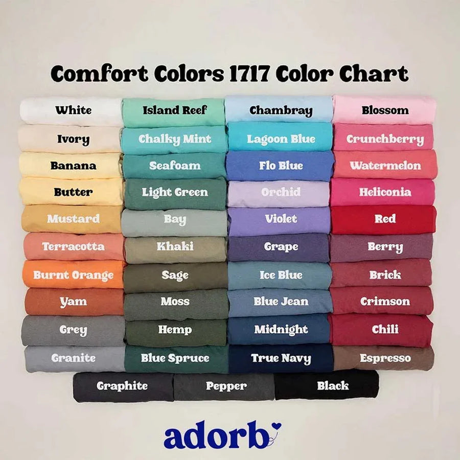 Color chart with folded fabric swatches labeled by color name, featuring the brand 'adorb'.