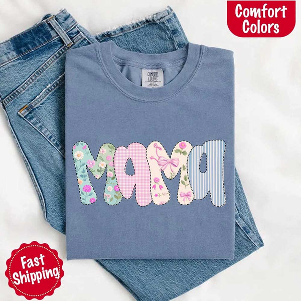 May include the word “Mama” in large playful letters, each filled with different pastel floral, gingham, bow, and striped patterns, creating a sweet and charming patchwork design perfect for moms.