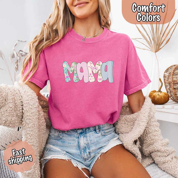 May include the word “Mama” in large playful letters, each filled with different pastel floral, gingham, bow, and striped patterns, creating a sweet and charming patchwork design perfect for moms.