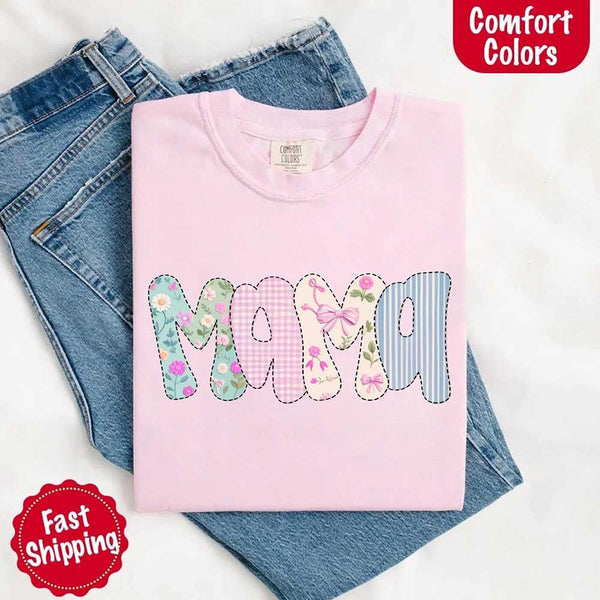 May include the word “Mama” in large playful letters, each filled with different pastel floral, gingham, bow, and striped patterns, creating a sweet and charming patchwork design perfect for moms.