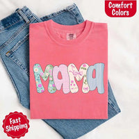May include the word “Mama” in large playful letters, each filled with different pastel floral, gingham, bow, and striped patterns, creating a sweet and charming patchwork design perfect for moms.